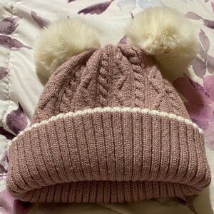 Kids Cable Knit Beanie with Double Faux-Fur Poms - Pink